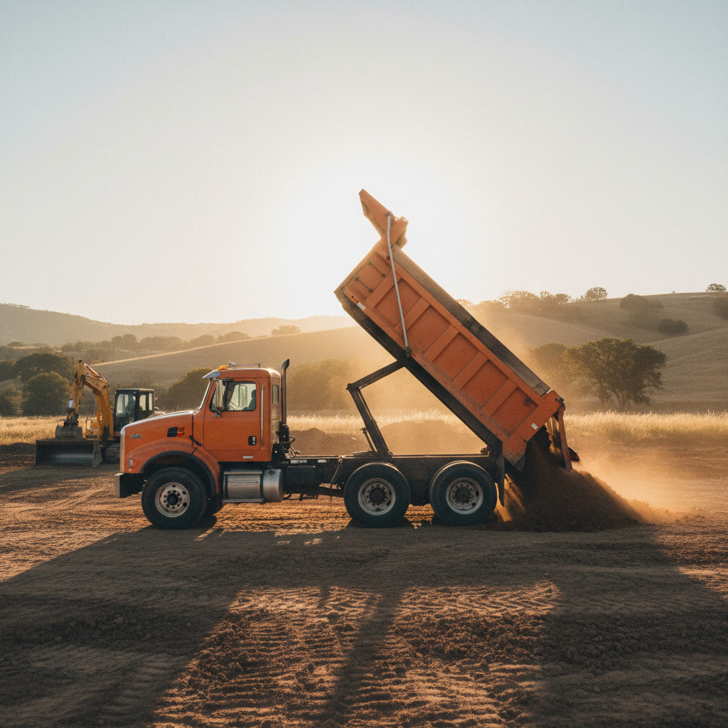 A tri-axle dump truck tipping fill on a graded lot at sunrise